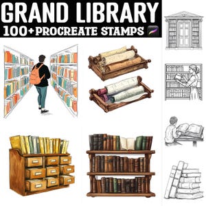May include: A set of 100+ digital stamps for Procreate featuring illustrations of books, scrolls, and library furniture. The stamps are in a vintage style and include a variety of designs, such as bookshelves, stacks of books, and a person reading a book.