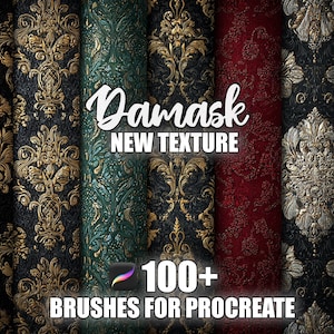 May include: A collection of damask textures in various colors, including black, gold, green, and red. The image features the text "Damask NEW TEXTURE" and "100+ BRUSHES FOR PROCREATE". The textures have ornate, repeating patterns.