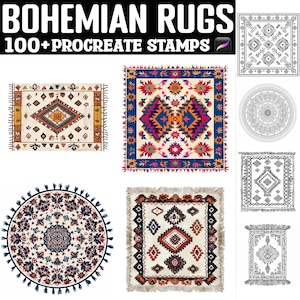 May include: A set of 100+ digital stamps featuring colourful and black and white bohemian rug designs. The rugs have intricate patterns and geometric shapes. "Bohemian Rugs 100+ Procreate Stamps" is written at the top of the image.