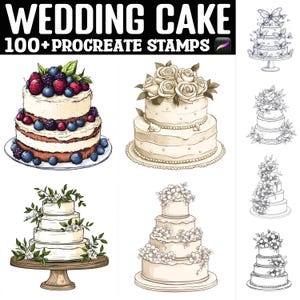 May include: A set of 100+ Procreate stamps featuring various wedding cake designs. The stamps include cakes decorated with flowers, berries, and other details. The stamps are perfect for creating wedding invitations, save-the-dates, and other wedding stationery.