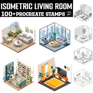 May include: A set of 100+ Procreate stamps featuring isometric living room designs. The stamps include various furniture pieces, plants, and decor items, such as sofas, chairs, tables, lamps, rugs, and bookshelves. The designs are in a modern style and are perfect for creating illustrations and digital art.