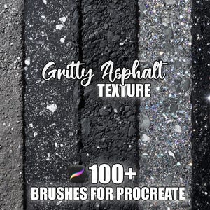 May include: An image showcasing various gritty asphalt textures in shades of gray and black. The text "Gritty Asphalt Texture" is displayed, along with "100+ Brushes for Procreate". The textures range from coarse to sparkling.