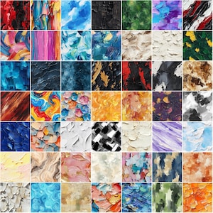 K&ouml;nnte beinhalten: Ein Raster von 49 abstrakten Kunstquadraten, die jeweils ein einzigartiges strukturiertes &Ouml;lgem&auml;lde-Design zeigen. Die Farbpalette variiert, einschlie&szlig;lich Blau-, Rot-, Gelb- und Neutralt&ouml;nen, mit sichtbaren Pinselstrichen, die Tiefe erzeugen. Das Gesamtthema ist k&uuml;nstlerisch und dekorativ.