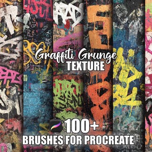 May include: A collection of graffiti textures in various colors, including pink, orange, green, and white, with the text "Graffiti Grunge Texture" and "100+ Brushes for Procreate". The image showcases a variety of urban art styles.