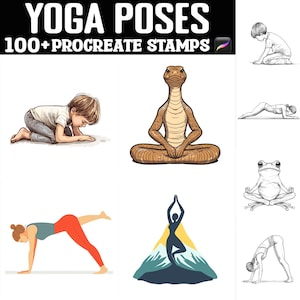 May include: A set of 100+ yoga pose stamps for Procreate. The stamps feature a variety of poses, including a person in a downward-facing dog pose, a person in a warrior pose, and a person in a tree pose. The stamps are perfect for creating yoga-themed artwork or for adding a touch of yoga to your digital art.