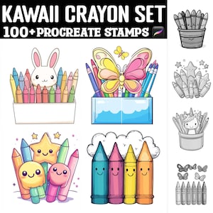 Könnte beinhalten: Kawaii-Stifte-Set mit über 100 Procreate-Stempeln. Das Set enthält eine Vielzahl von niedlichen Figuren und Objekten, wie z. B. ein Kaninchen, einen Schmetterling, ein Einhorn und einen Stern. Die Stifte sind in einer Schachtel und einer Wolkenform angeordnet. Die Stempel sind perfekt, um deiner digitalen Kunst einen Hauch von Verspieltheit zu verleihen.