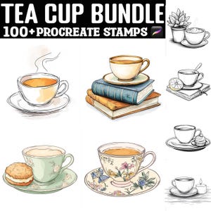 Può includere: Un set di oltre 100 timbri digitali con illustrazioni di tazze da tè in vari stili. I timbri sono progettati per l'uso con l'app Procreate. L'immagine mostra diversi esempi di timbri, tra cui tazze da tè con vapore, tazze da tè su libri e tazze da tè con motivi floreali.