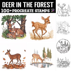 May include: A set of 100+ digital stamps featuring illustrations of deer in various poses and settings. The stamps are designed for use in the Procreate app. The illustrations include deer in a forest, a deer with its fawn, a deer drinking from a pond, and a deer standing in a field of leaves.
