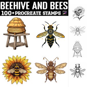 Puede incluir: Un conjunto de más de 100 sellos de Procreate con ilustraciones de colmenas y abejas. Los sellos incluyen una variedad de diseños, como una colmena en un soporte, un girasol con una abeja y abejas en diferentes poses. Los sellos son perfectos para agregar un toque de naturaleza a tu arte digital.