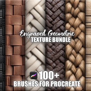 Puede incluir: Un paquete de arte digital con varias texturas geométricas grabadas. La imagen muestra una colección de texturas en tonos negros, marrones y beige, incluyendo patrones tejidos y trenzados. El texto dice "Engraved Geometric Texture Bundle" y "100+ Brushes for Procreate".