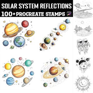 May include: Digital art set titled "Solar System Reflections" with over 100 Procreate stamps. The image features colorful illustrations of planets, including Saturn with rings, Earth, and other celestial bodies. Additional black and white line art of astronauts and celestial scenes.