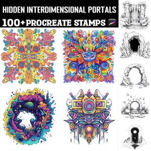 Könnte beinhalten: Ein Set mit über 100 digitalen Stempeln mit farbenfrohen, abstrakten Designs von interdimensionalen Portalen. Die Stempel sind perfekt, um deiner digitalen Kunst eine einzigartige und psychedelische Note zu verleihen.