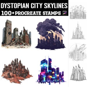 Könnte beinhalten: Ein Set mit über 100 digitalen Stempeln, die dystopische Stadtbilder in verschiedenen Stilen zeigen. Die Stempel beinhalten detaillierte Illustrationen von futuristischen, zerstörten und Cyberpunk-Städten. Die Stempel sind perfekt, um deiner digitalen Kunst eine einzigartige und dramatische Note zu verleihen.