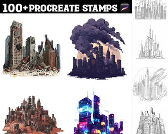 Más de 100 sellos y pinceles de Procreate con horizontes urbanos distópicos. Descarga digital instantánea.