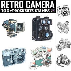 May include: A set of 100+ Procreate stamps featuring vintage cameras in various styles and colors. The stamps are perfect for adding a retro touch to your digital art.