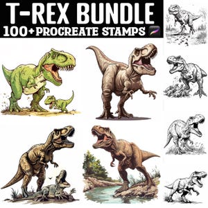 Puede incluir: Un conjunto de ilustraciones digitales de más de 100 sellos de T-Rex para Procreate. El conjunto incluye varias poses y estilos de dinosaurios, incluyendo dibujos animados, realistas y de arte lineal.