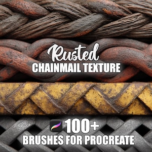 Puede incluir: Primer plano de cuatro texturas de cota de malla diferentes en tonos marrón, óxido, amarillo y gris. El texto "Rusted CHAINMAIL TEXTURE" se muestra en blanco. El texto "100+ BRUSHES FOR PROCREATE" se muestra en blanco.
