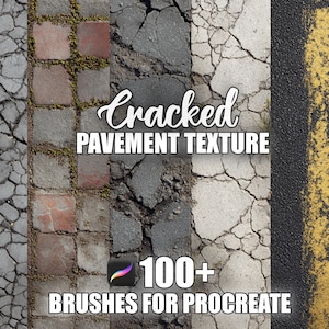 May include: A digital art graphic showcasing various cracked pavement textures. The image includes samples of asphalt, brick, and concrete, with a yellow line. Text reads "Cracked Pavement Texture" and "100+ Brushes for Procreate."