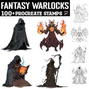 Puede incluir: Un conjunto de más de 100 sellos digitales que representan a magos de fantasía en varias poses y estilos. Los sellos están diseñados para su uso en Procreate, una aplicación de arte digital popular. Los magos se representan en una variedad de poses, incluyendo lanzar hechizos, sostener bastones y leer libros. Algunos de los magos llevan túnicas, mientras que otros llevan armaduras. Los sellos son en blanco y negro, y algunos tienen un toque de color.