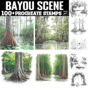May include: The image showcases a collection of Procreate stamps featuring bayou scenes. The artwork includes detailed illustrations of cypress trees, waterways, and aquatic plants. The text "BAYOU SCENE" and "100+ PROCREATE STAMPS" are displayed at the top of the image.