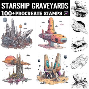 May include: A set of 100+ digital stamps featuring illustrations of spaceships and futuristic landscapes. The stamps are designed for use in the Procreate app. The illustrations are in a variety of styles, including black and white, colour, and line art. The stamps are perfect for adding a touch of science fiction to your digital art.