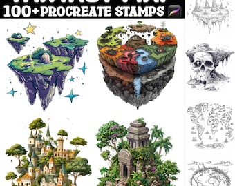 May include: A set of 100+ fantasy map stamps for Procreate. The stamps feature various elements like islands, castles, mountains, and more. The stamps are in black and white and are perfect for creating your own fantasy maps.