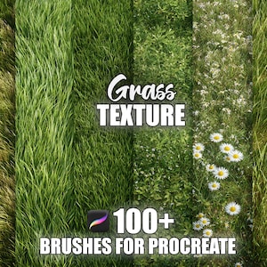 Może przedstawiać: Obraz prezentujący różne tekstury trawy, w różnych odcieniach zieleni, niektóre z białymi kwiatami. Widoczny tekst "Grass Texture" oraz "100+ Brushes for Procreate".