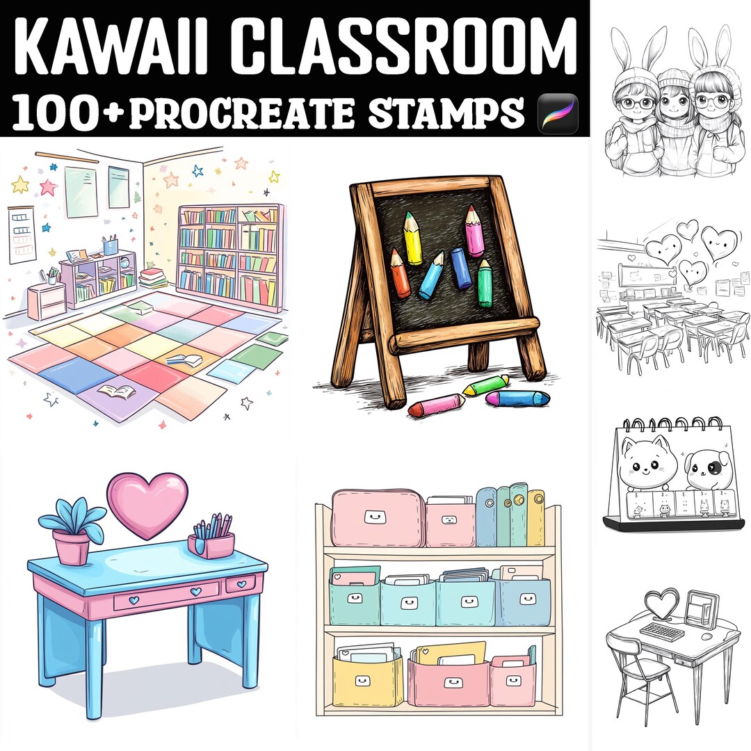 100+ Kawaii Classroom Procreate Stamps | Procreate Brushes | Instant ...