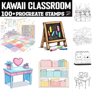 Pode incluir: Um conjunto de mais de 100 carimbos digitais para Procreate com ilustrações fofas de sala de aula. Os carimbos incluem um tapete de sala de aula colorido, um quadro-negro com lápis de cor, uma estante de livros, uma mesa com uma lâmpada em forma de coração, uma estante com caixas de armazenamento coloridas, um calendário com ilustrações fofas de animais e uma mesa com um computador e uma cadeira.