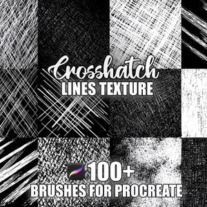 May include: A digital art graphic showcasing crosshatch line textures in monochrome. The image displays the text "Crosshatch LINES TEXTURE" and "100+ BRUSHES FOR PROCREATE". The textures vary in style, offering diverse options for digital art and design projects.