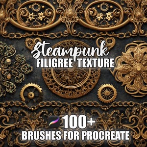 Op de afbeelding: Een afbeelding met gouden steampunk filigraan texturen, met tandwielen, bloemmotieven en kettingaccenten. De tekst luidt "Steampunk Filigree Texture" en "100+ Brushes for Procreate."