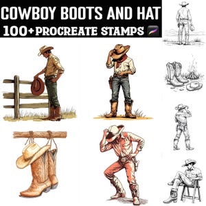 100+ Cowboy Boots und Hut Procreate Briefmarken | Procreate Pinsel | Sofortiger digitaler Download