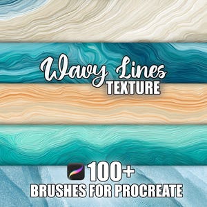 May include: Digital art featuring a collection of wavy line textures in various colors, including shades of blue, beige, and orange. The text "Wavy Lines TEXTURE" is displayed prominently, along with "100+ BRUSHES FOR PROCREATE".