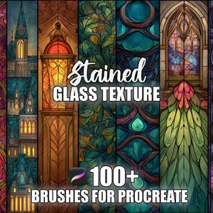 May include: A digital art image showcasing various stained glass textures in vibrant colors. The image includes architectural designs, floral patterns, and geometric shapes. Text reads "Stained Glass Texture" and "100+ Brushes for Procreate".