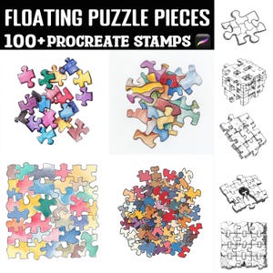 May include: A set of 100+ Procreate stamps featuring colorful and black and white puzzle pieces. The stamps are designed to be used in digital art and design projects.  FLOATING PUZZLE PIECES 100+ PROCREATE STAMPS is written at the top of the image.