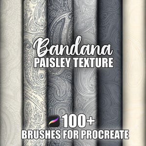 May include: A collection of paisley texture designs in shades of gray and cream. The image features the text "Bandana Paisley Texture" and "100+ Brushes for Procreate."
