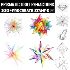 May include: A set of 100+ Procreate stamps featuring colorful and black and white illustrations of geometric shapes, crystals, and light refractions. The stamps are perfect for adding a touch of sparkle and whimsy to your digital art.