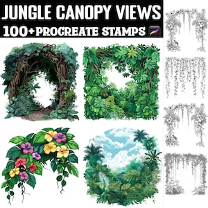 Puede incluir: Un conjunto de más de 100 sellos digitales que muestran vistas de la copa de la selva. Los sellos incluyen exuberante follaje verde, enredaderas y flores. Los sellos son perfectos para agregar un toque de naturaleza a tu arte digital.
