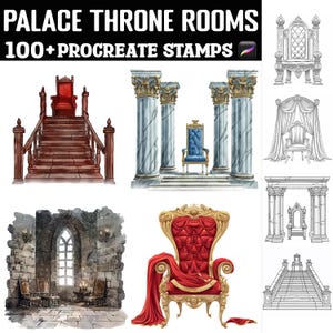 May include: A set of 100+ digital stamps for Procreate featuring illustrations of palace throne rooms. The stamps include various throne designs, staircases, columns, and other architectural elements.