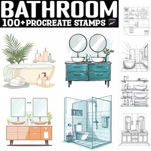 May include: A set of 100+ Procreate stamps featuring various bathroom elements, including sinks, vanities, bathtubs, showers, mirrors, and towels. The stamps are drawn in a hand-drawn style and are perfect for creating digital illustrations.