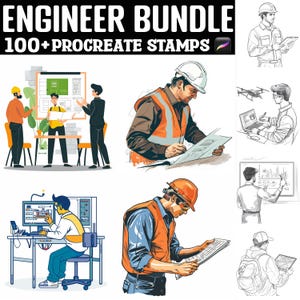 May include: A set of 100+ digital stamps featuring illustrations of engineers in various work settings. The stamps are designed for use in Procreate, a popular digital art app. The illustrations include engineers working on blueprints, using computers, and collaborating in teams. The stamps are perfect for adding a professional touch to your digital art projects.