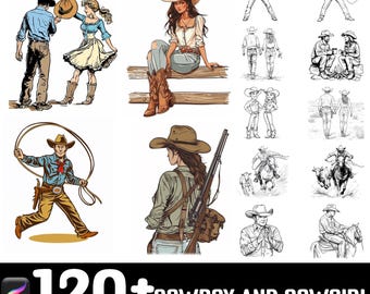 120+ Cowboy And Cowgirl Poses Procreate Stamps | Procreate Brushes | Instant Digital Download