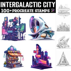 May include: A set of 100+ digital stamps for Procreate featuring futuristic cityscapes. The stamps include buildings, vehicles, and other elements in a variety of styles, including neon, cyberpunk, and sci-fi.