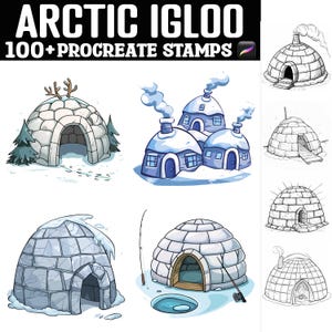 May include: A set of 100+ Procreate stamps featuring illustrations of various igloos in different styles, including a traditional igloo with a reindeer, a group of igloos with chimneys, and an igloo with a fishing hole.