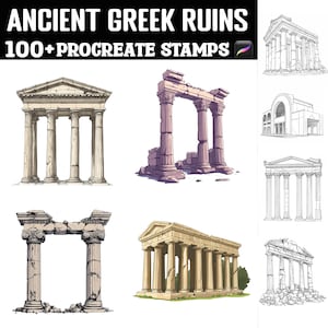 Puede incluir: Un conjunto de más de 100 sellos digitales con ilustraciones de ruinas griegas antiguas. Los sellos son perfectos para agregar un toque de historia y cultura a tus proyectos de arte digital.