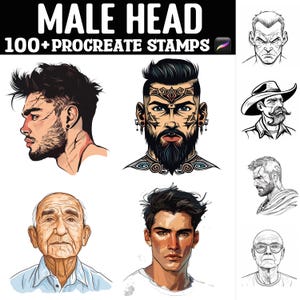May include: Digital art set featuring male head illustrations. The image includes various styles, from realistic portraits to stylized drawings. The text "MALE HEAD" and "100+ PROCREATE STAMPS" is displayed at the top, indicating a digital art product.