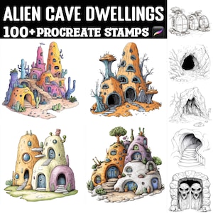 May include: A set of 100+ digital stamps featuring whimsical alien cave dwellings. The stamps are in a cartoon style and feature a variety of colors and shapes. The stamps are perfect for adding a touch of whimsy to your digital art.