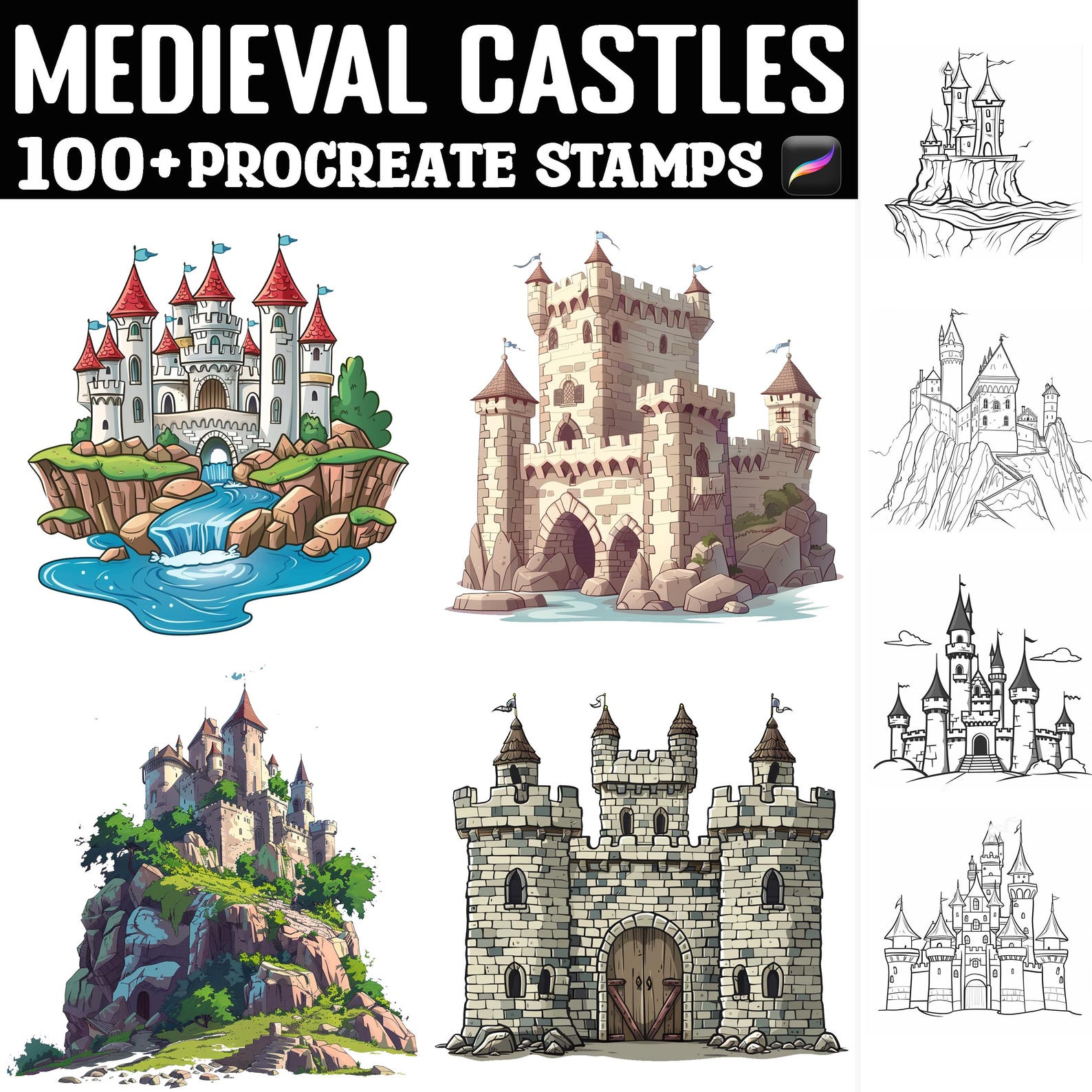100+ Medieval Castles Procreate Stamps | Procreate Brushes | Instant ...