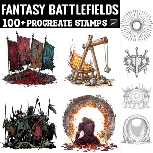May include: A set of 100+ fantasy battlefield stamps for Procreate. The stamps include a variety of elements, such as flags, catapults, soldiers, and portals. The stamps are perfect for creating detailed and immersive fantasy scenes.