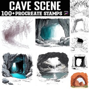 May include: Image featuring various cave scene illustrations. The text "CAVE SCENE" is at the top, with "100+ PROCREATE STAMPS" below. The illustrations depict different cave entrances, waterfalls, and rock formations, with a mix of color and grayscale.